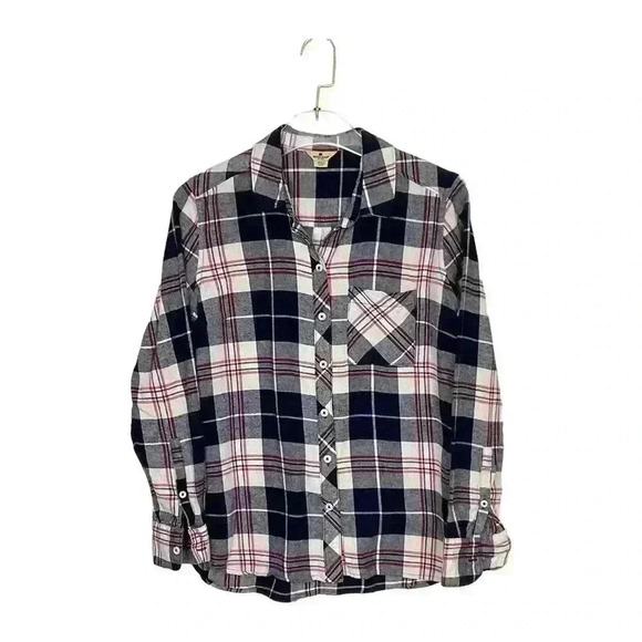 Woolrich Women's  Navy With Pink Button-Up Flannel Shirt SIZE-MEDIUM - Picture 1 of 5